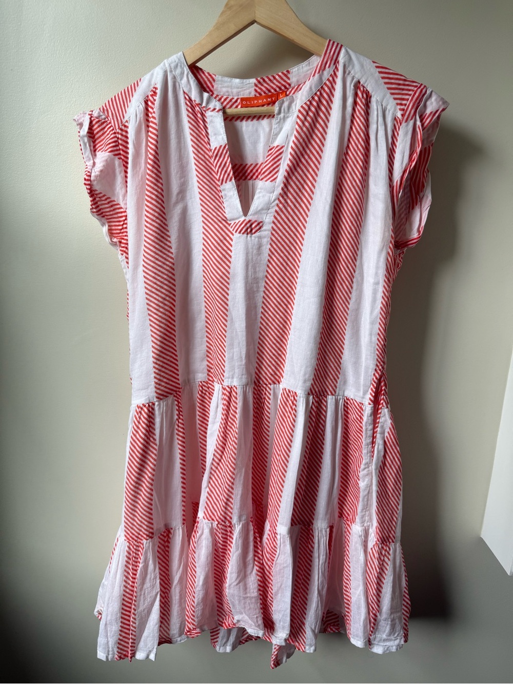 OLIPHANT Helene Roll Sleeve Mini Dress Striped Tiered Resortwear Cotton Beachy L
